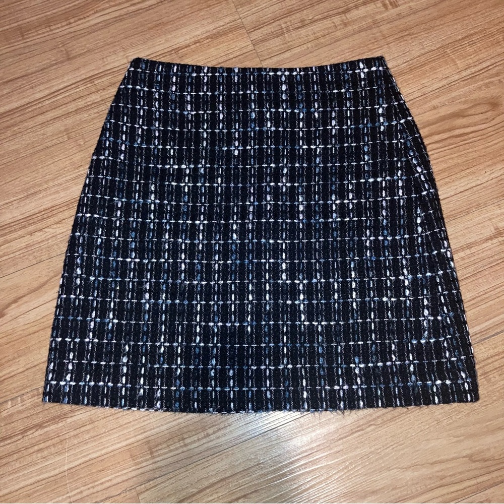LOFT Black Mini Skirt with Blue and White Pattern